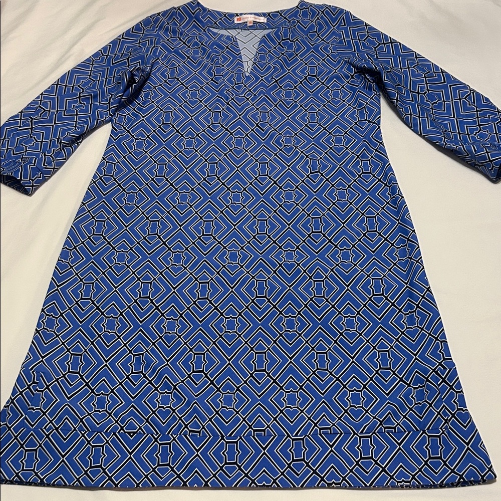 Jude Connally Navy Geometric 3/4 Sleeve Dress L like new